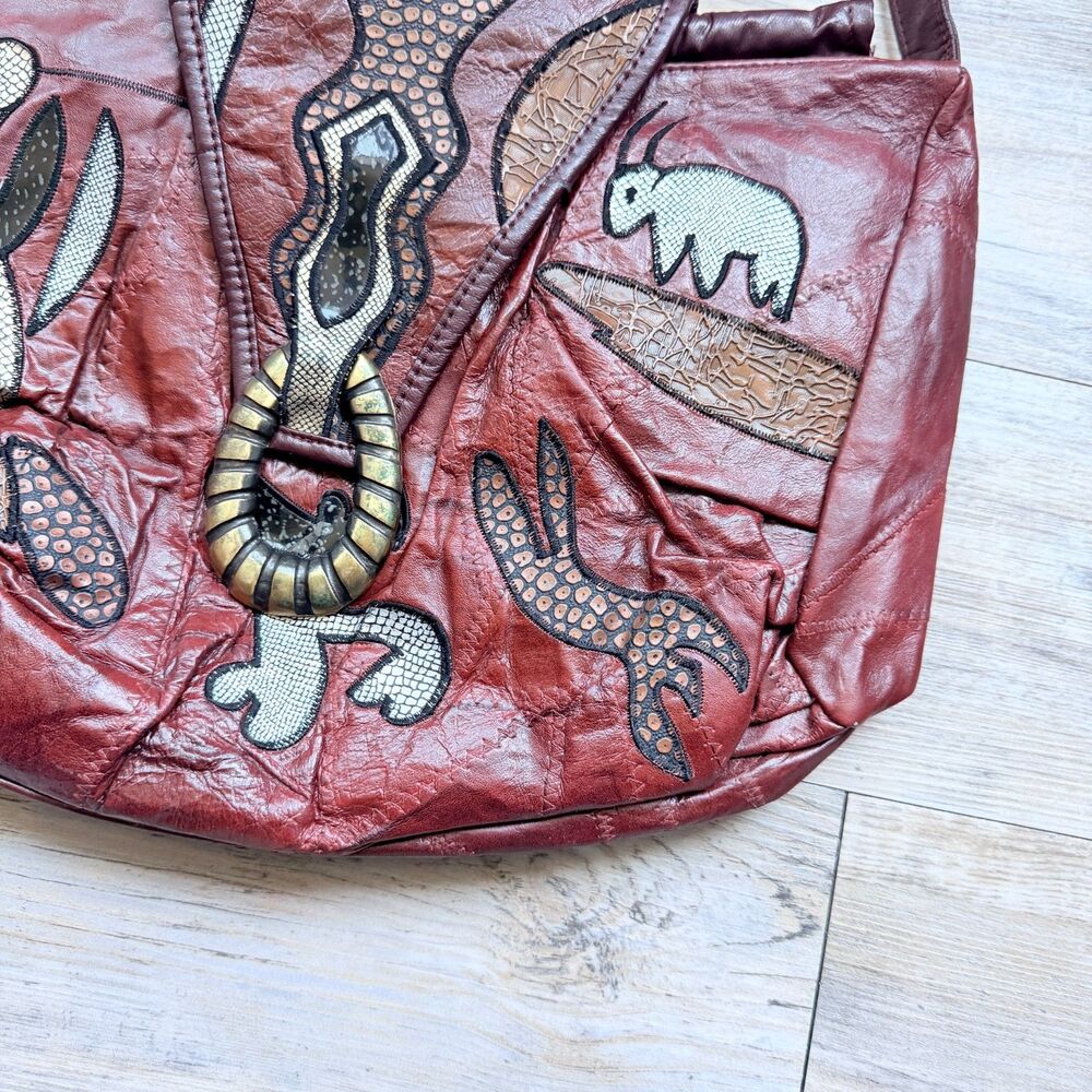 Vintage Genuine Leather Patchwork Snake Crossbody Bag Boho Safari Animal Purse - Picture 12 of 13